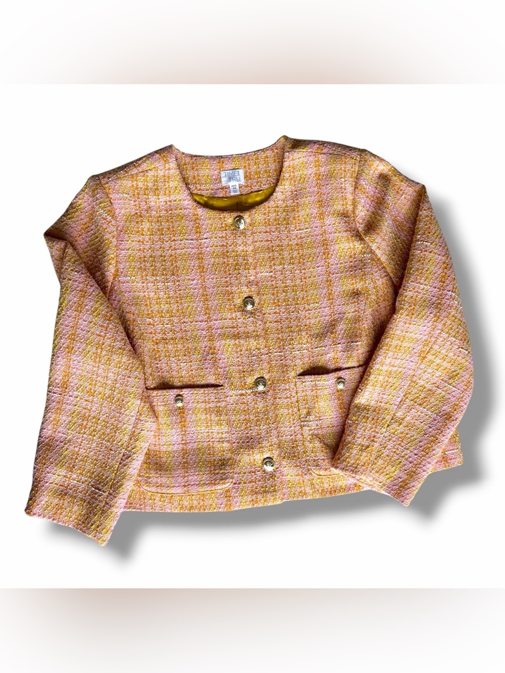 Time and Tru Pink and Yellow Tweed Blazer with Gold Buttons Tweed Boucle NWT